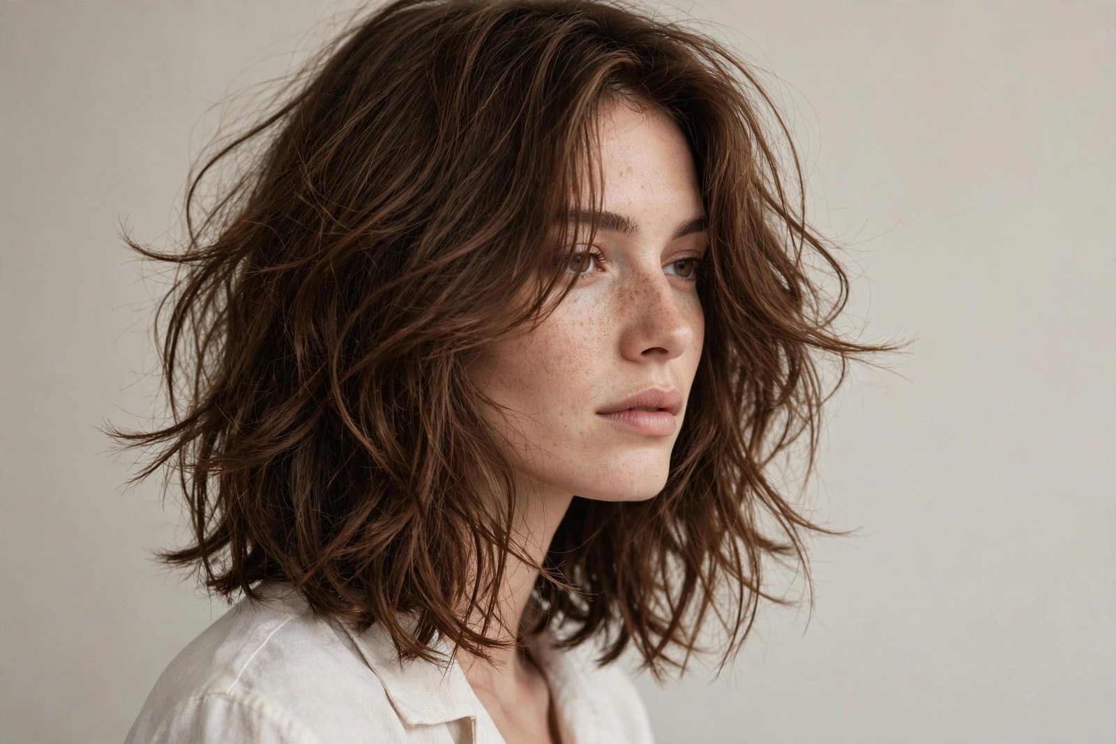 Woman with textured French-bob hybrid, chestnut tousled long layered bob with undone texture, editorial hair photography