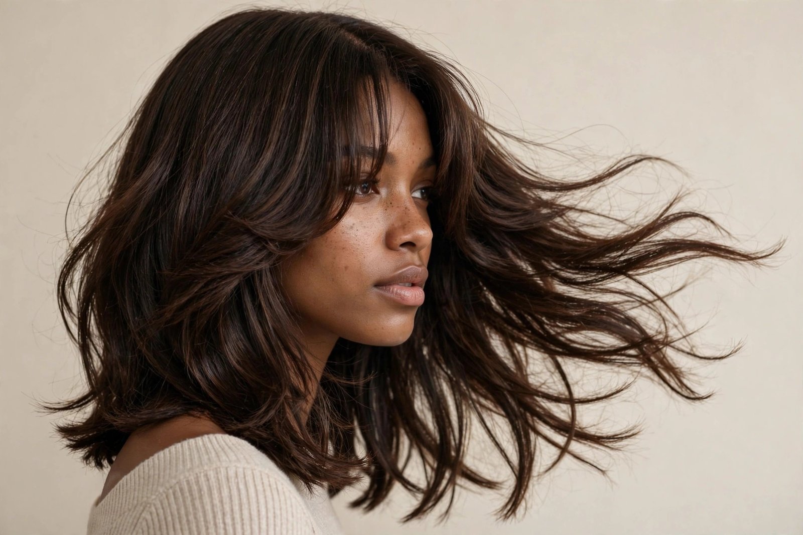 Woman with curtain bangs and long layered bob, dark brown hair with face-framing fringe, editorial hair photography