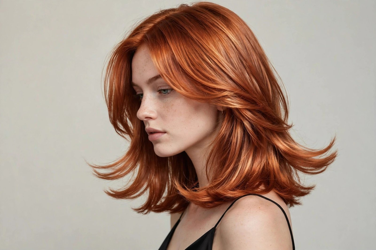 Woman with copper penny long layered bob, vibrant copper layered hair with flipped ends, editorial hair photography