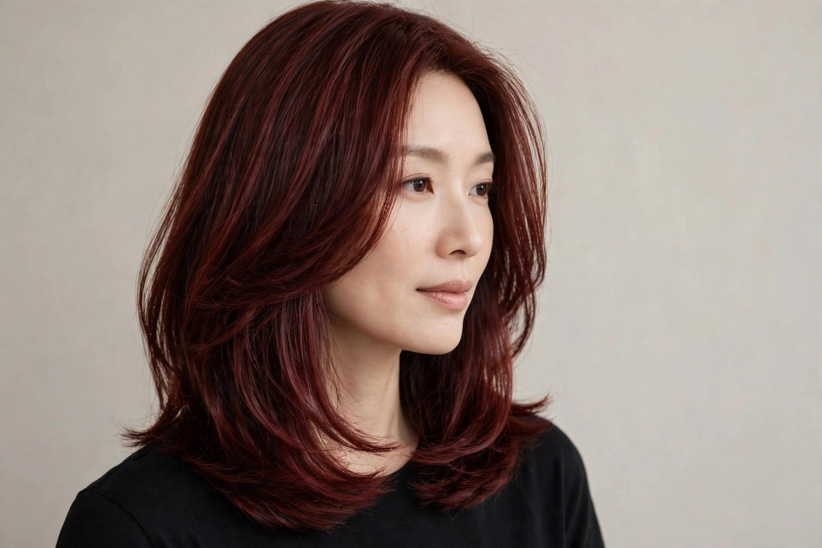 Woman with cherry-cola long layered bob, deep red-brown layered hair with shine, editorial hair photography
