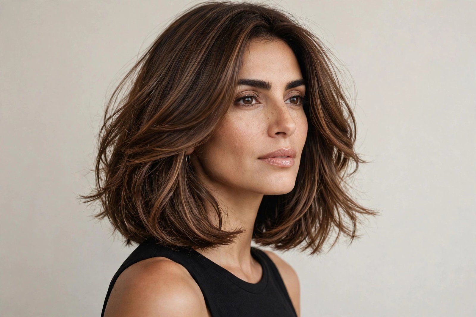 Woman with mocha expensive-brunette long layered bob, rich brown layered hair with glossy finish, editorial hair photography