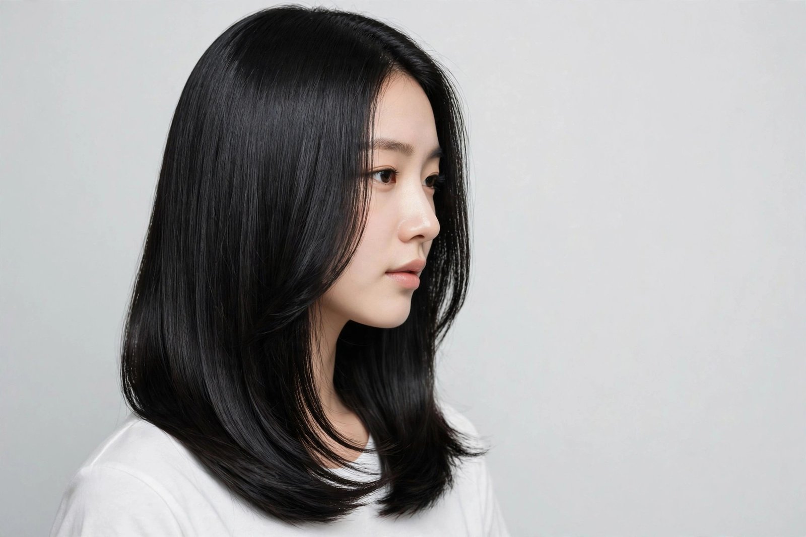 Woman with glass-hair long layered bob, sleek jet-black mirror-shine layered bob, editorial hair photography