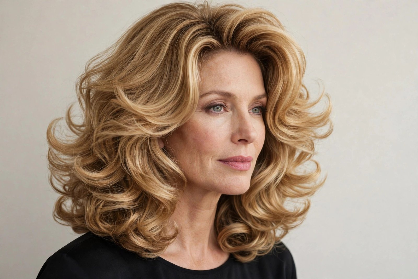 Woman with rich-girl blowout layered bob, voluminous honey-blonde bouncy layered blowout, editorial hair photography