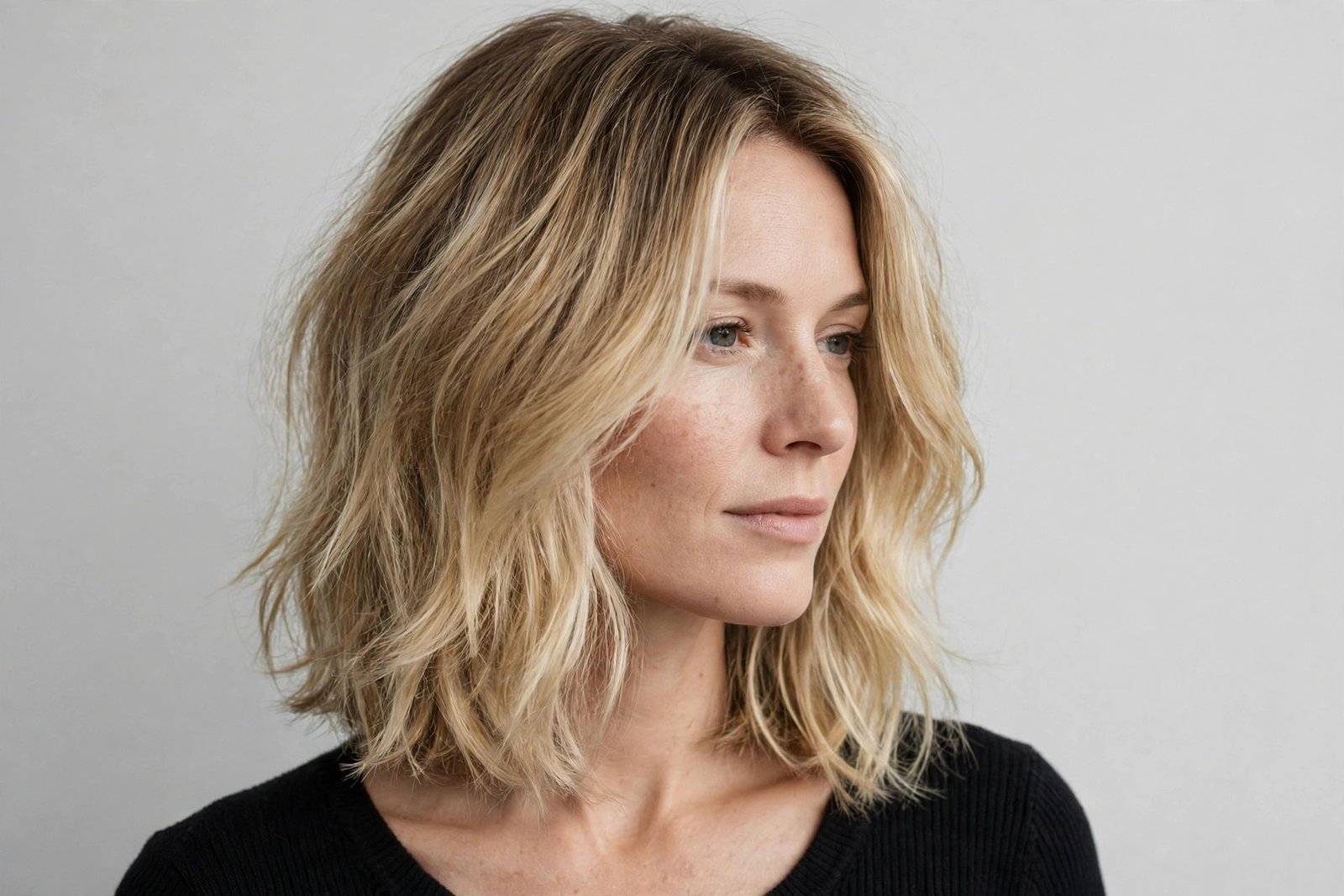 Woman with lived-in blonde long layered bob, dimensional blonde layered hair with natural roots, editorial hair photography