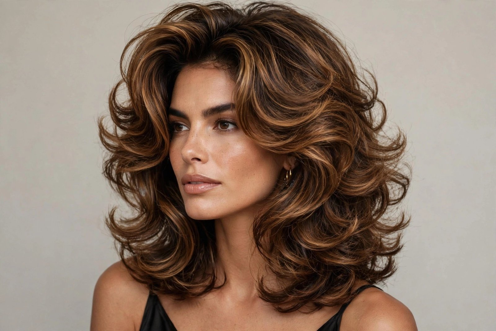 Woman with 90s supermodel layered bob, caramel brunette voluminous bouncy layers, editorial hair photography