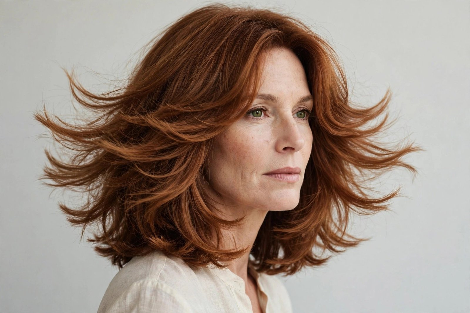 Woman with feathered 70s layered bob, auburn hair with soft feathered layers, editorial hair photography