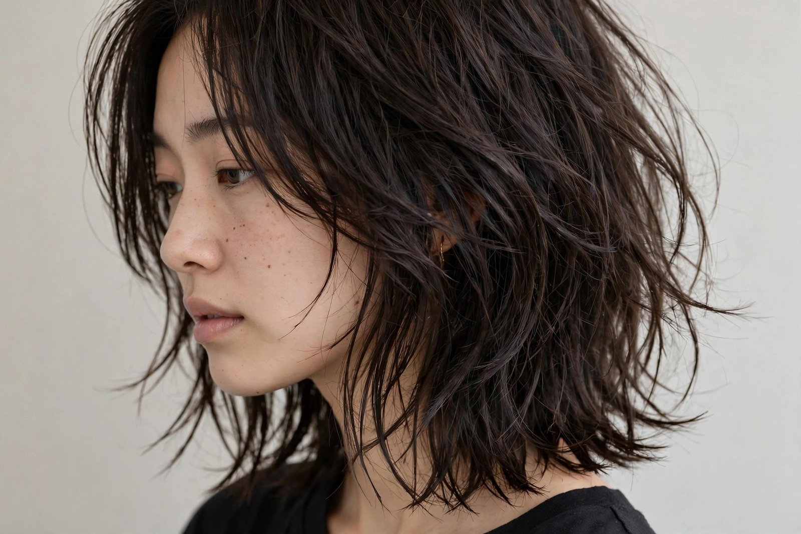 Woman with razored edgy layered bob, dark brown textured piece-y layered bob, editorial hair photography