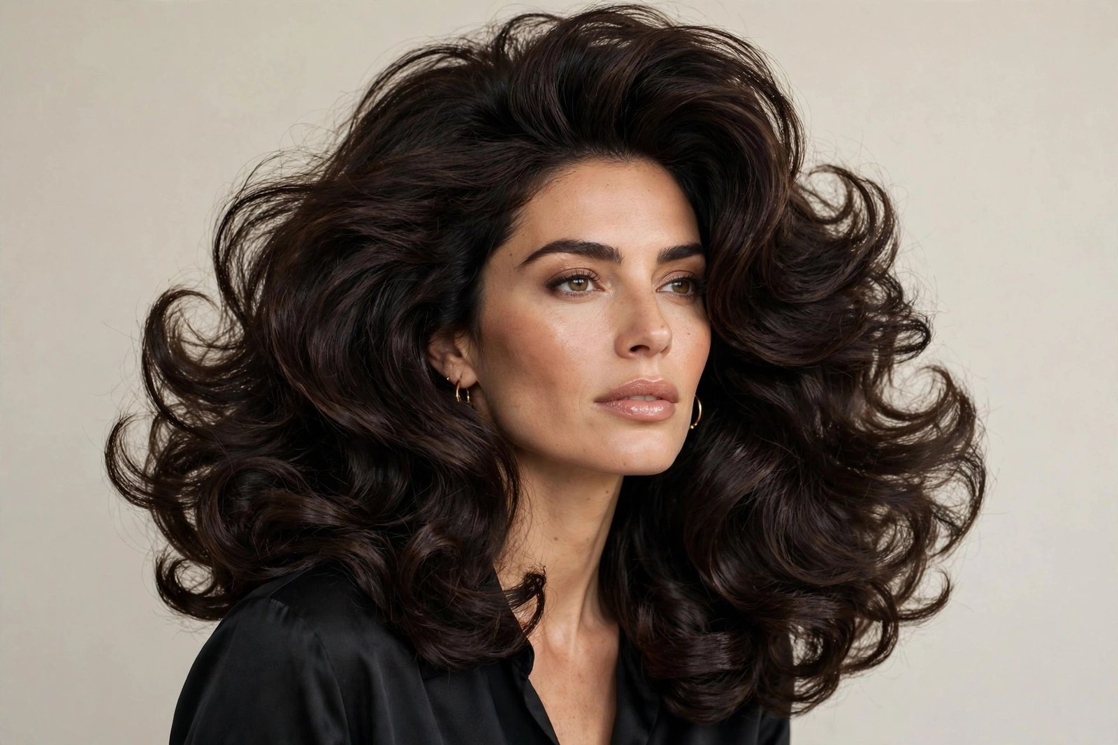 Woman with mob-wife voluminous layered bob, dark brunette big glamorous bouncy hair, editorial hair photography