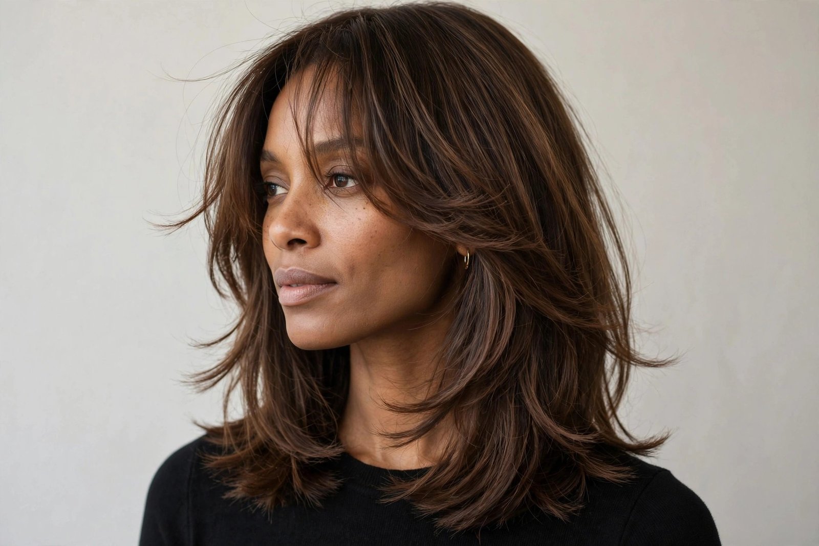 Woman with wispy curtain fringe layered bob, brown hair with soft wispy face-framing fringe, editorial hair photography