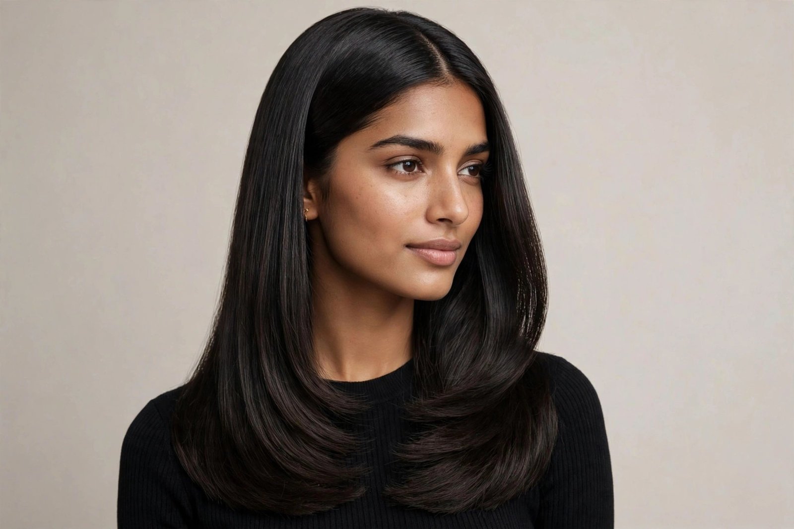 Woman with middle-part sleek long layered bob, jet-black smooth symmetrical layered bob, editorial hair photography