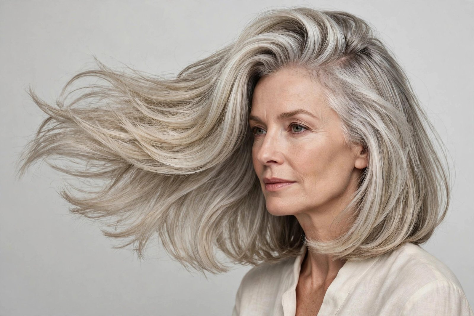Woman with deep side-part long layered bob, silver-blonde voluminous side-swept layered bob, editorial hair photography