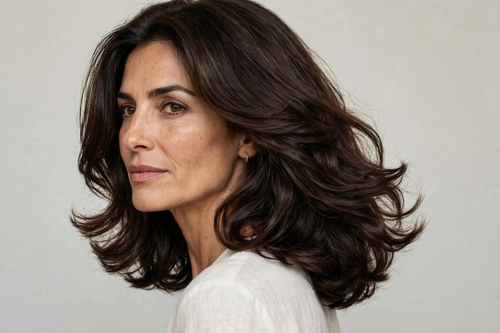 Woman with long Italian bob, dark brown chunky-ended collarbone bob with volume, editorial hair photography