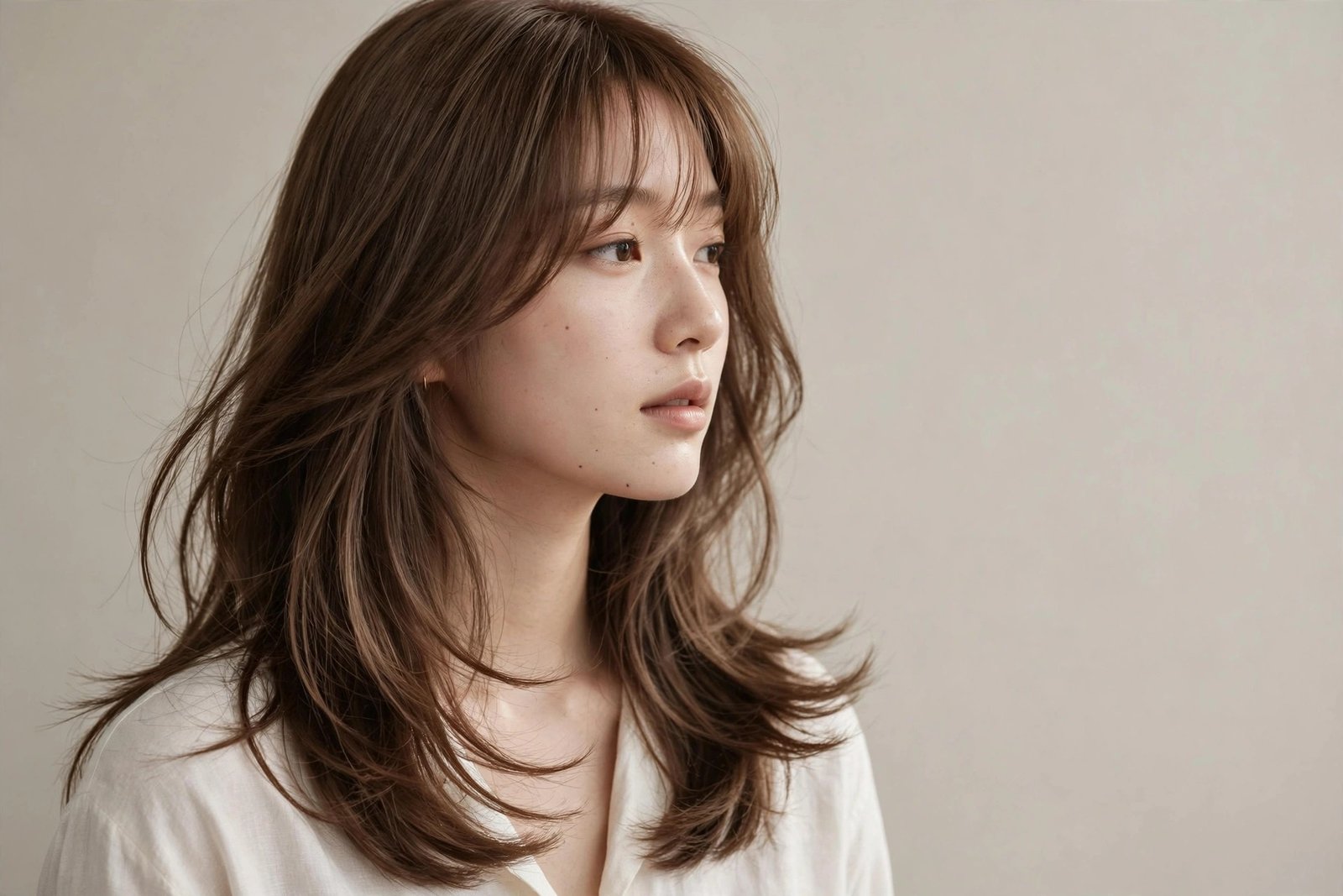 Woman with bottleneck bangs layered bob, brown hair with narrow-to-wide fringe and layers, editorial hair photography