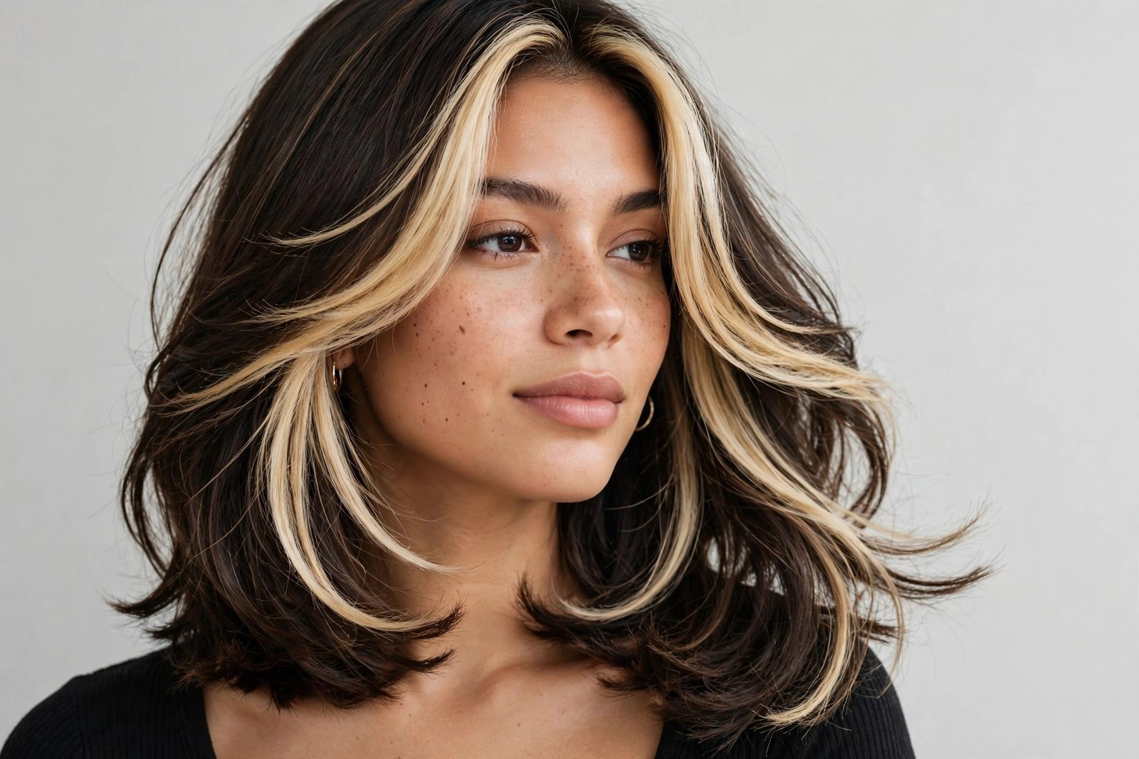 Woman with money-piece face-framing layered bob, brunette hair with bright blonde front pieces, editorial hair photography
