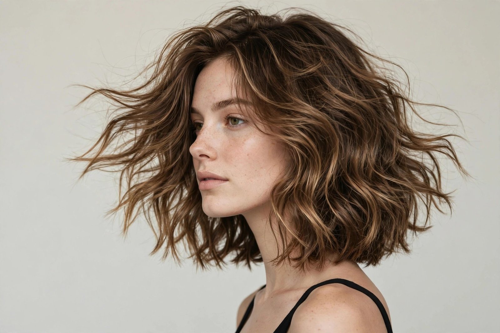 Woman with beach-wave textured layered bob, sun-kissed brunette tousled waves, editorial hair photography