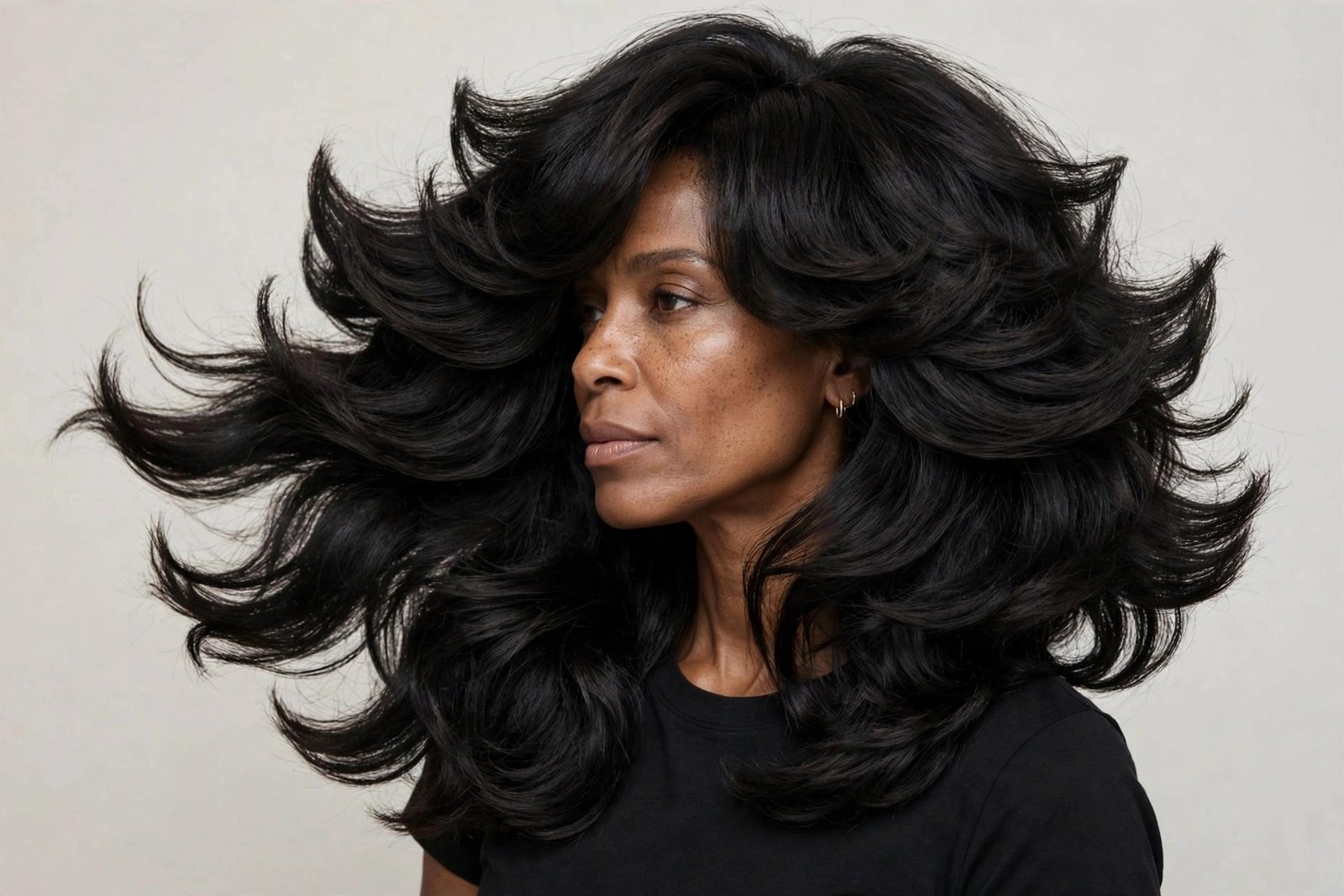 Woman with chunky layers long layered bob for thick hair, full dark hair with bold defined layers, editorial hair photography