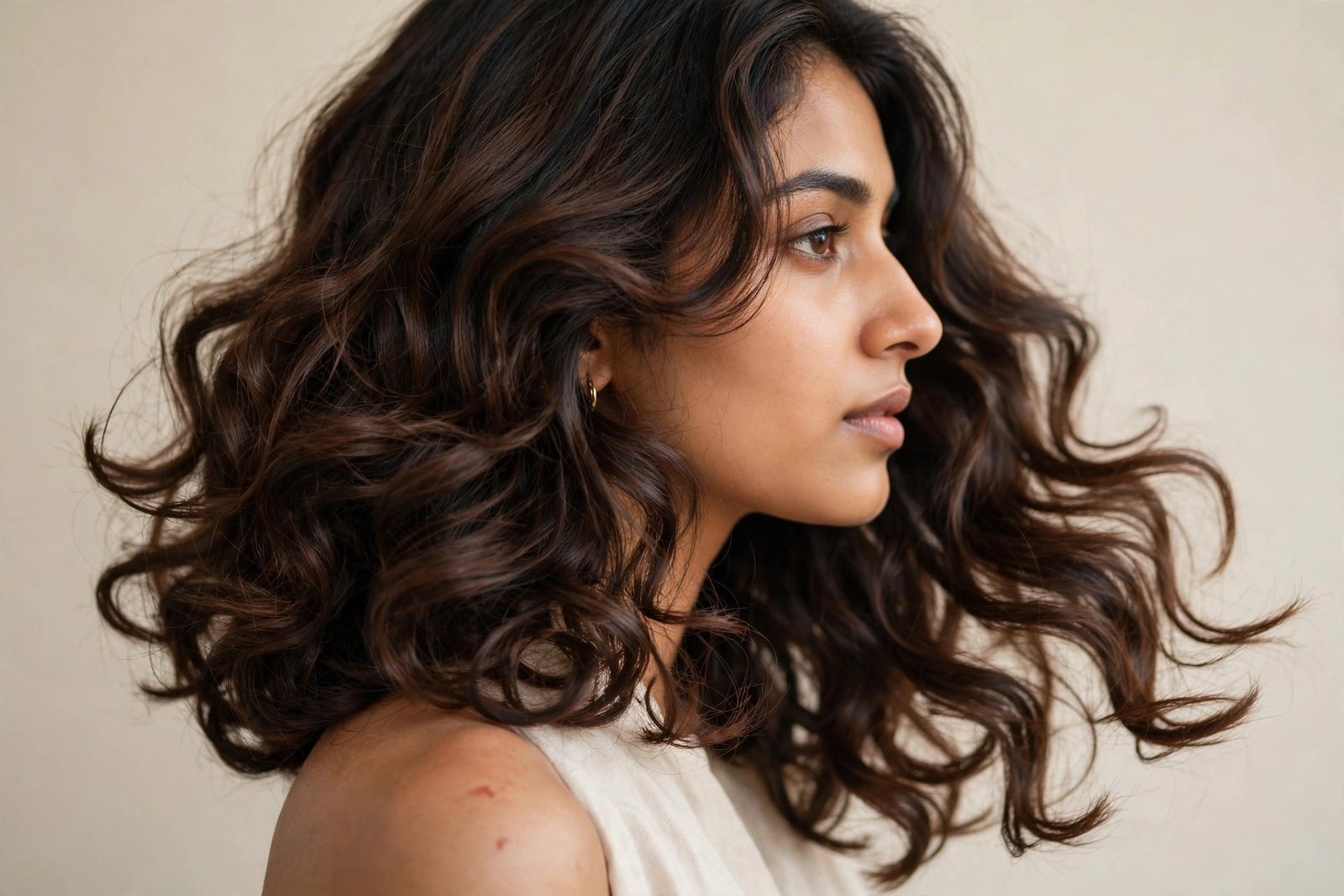 Woman with heatless-curl long layered bob, brown soft bouncy curls without heat damage, editorial hair photography