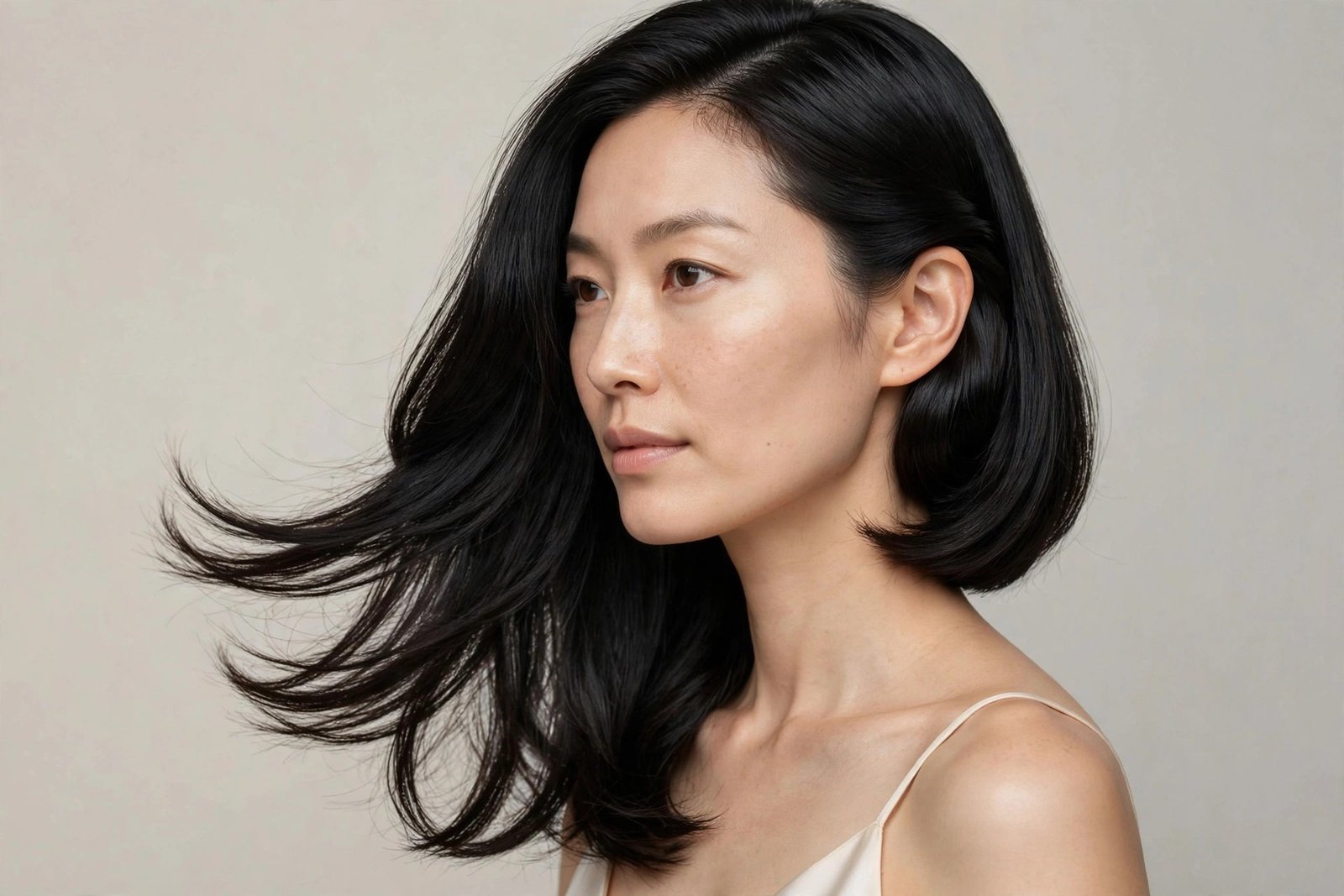 Woman with tucked-behind-ear polished long layered bob, black sleek hair tucked behind ears, editorial hair photography