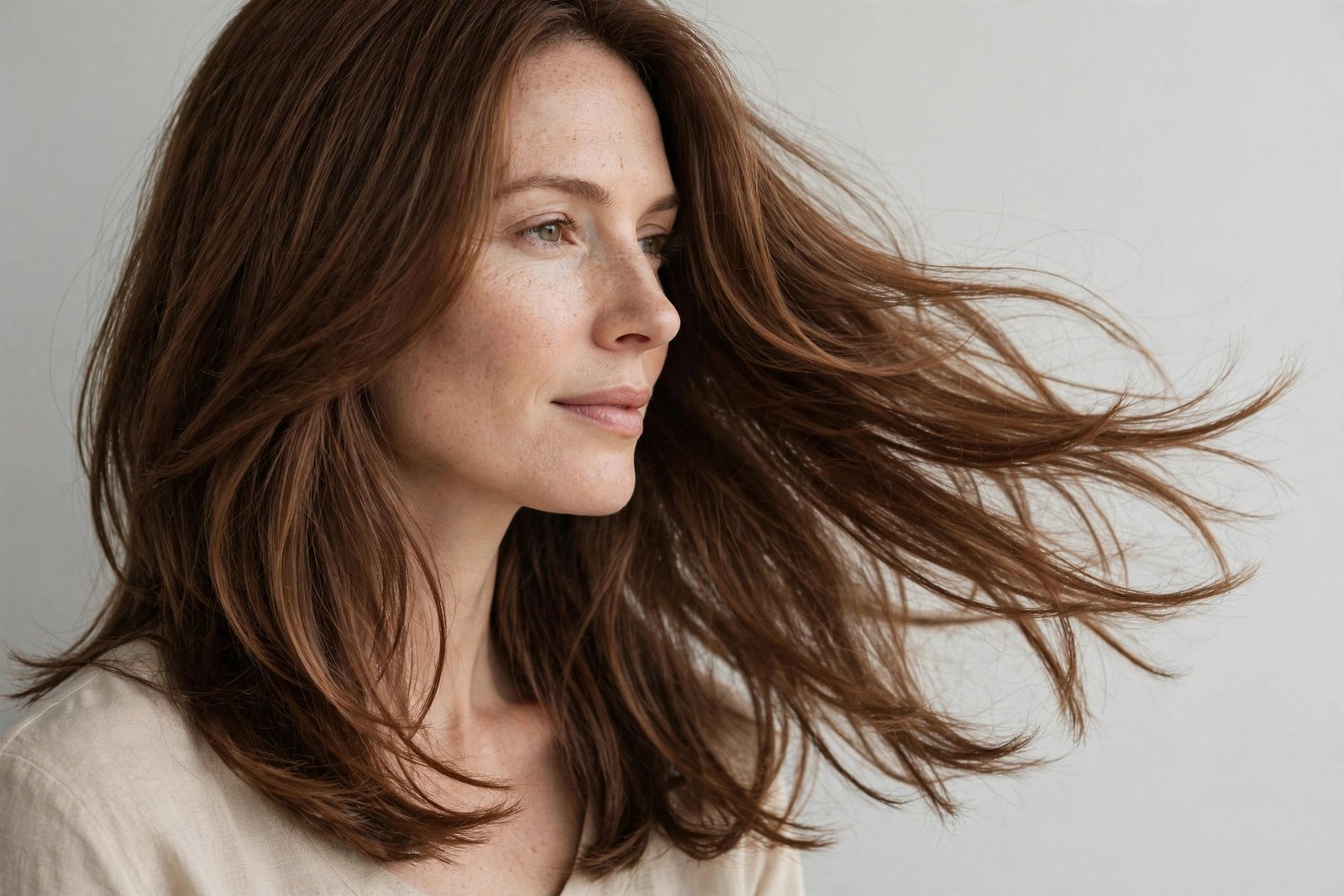 Woman with micro-tapered ends long layered bob, chestnut hair with soft tapered ends, editorial hair photography