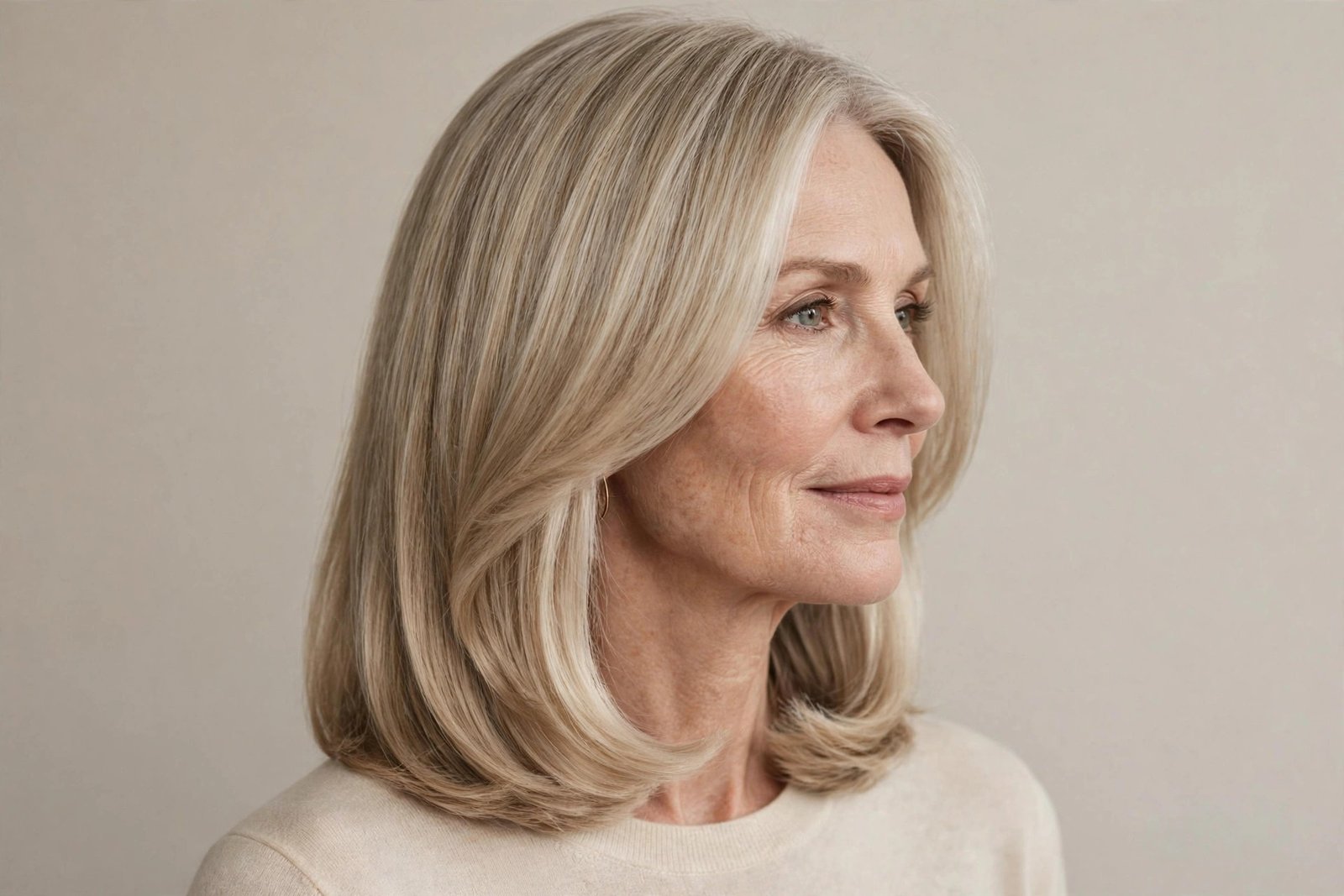 Woman with old-money low-volume long layered bob, ash-blonde smooth understated elegant bob, editorial hair photography