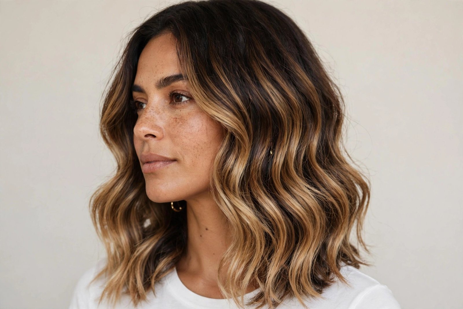 Woman with balayage-melt long layered bob, brunette hair melting into caramel blonde ends, editorial hair photography