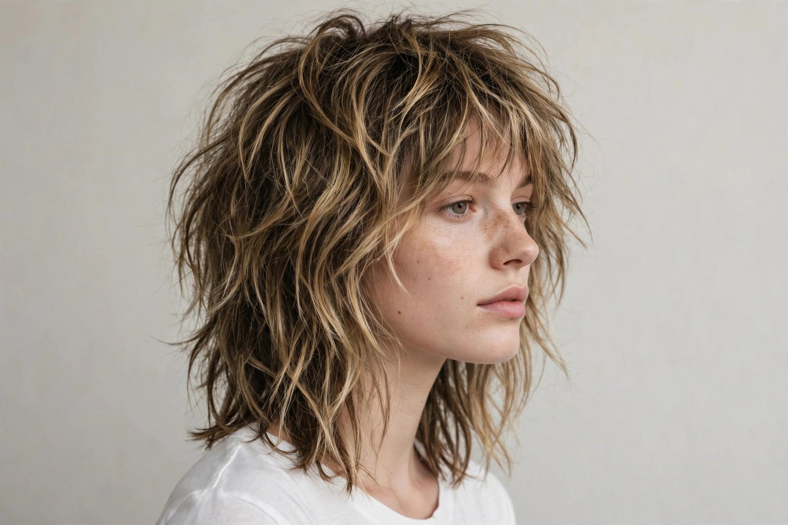 Woman with shaggy wolfcut-adjacent layered bob, dark blonde tousled choppy layers, editorial hair photography