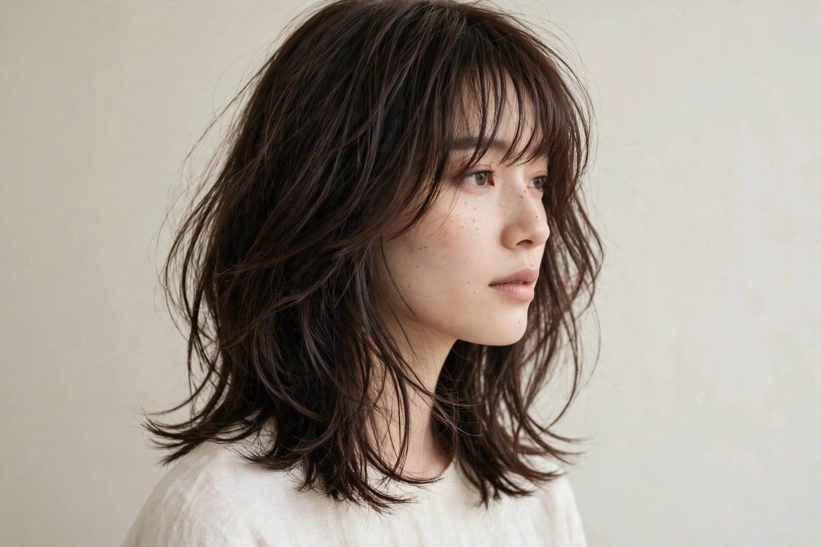 Woman with wispy bangs long layered bob, dark brown hair with soft wispy fringe, editorial hair photography