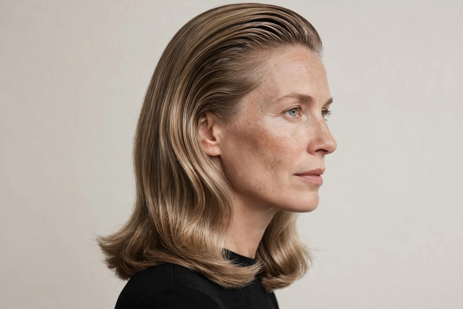 Woman with Scandi slick long layered bob, light brown sleek wet-look polished bob, editorial hair photography