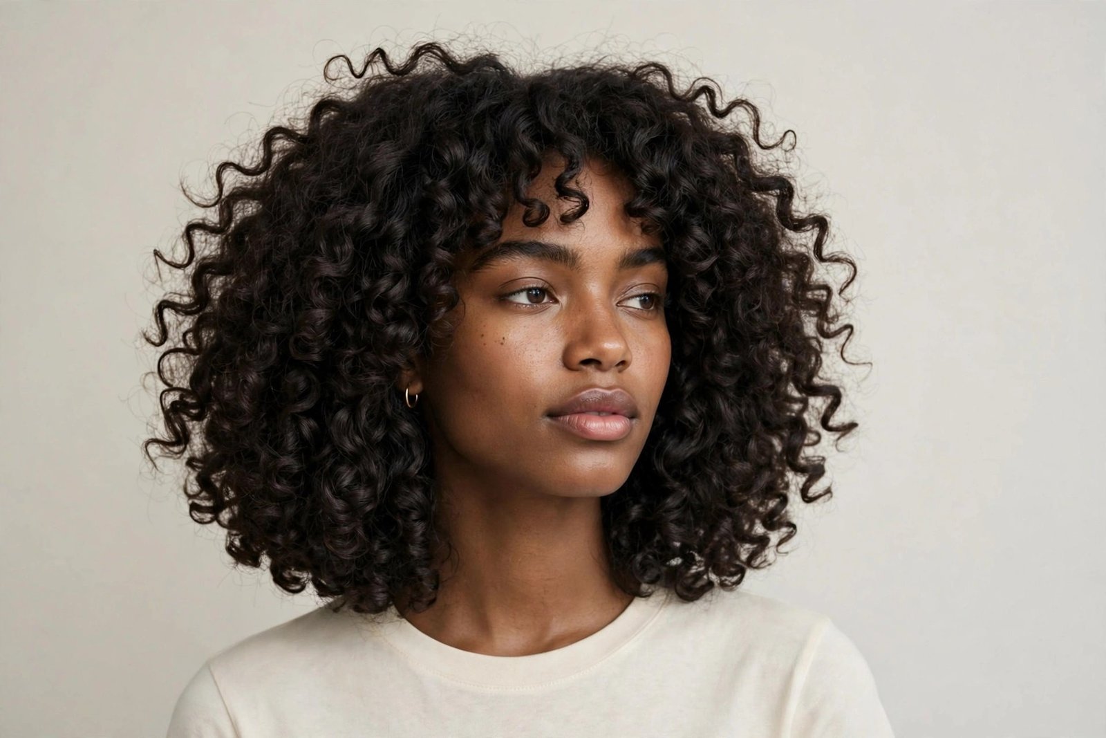 Woman with curly natural-texture long layered bob, voluminous defined dark curls in layered bob, editorial hair photography