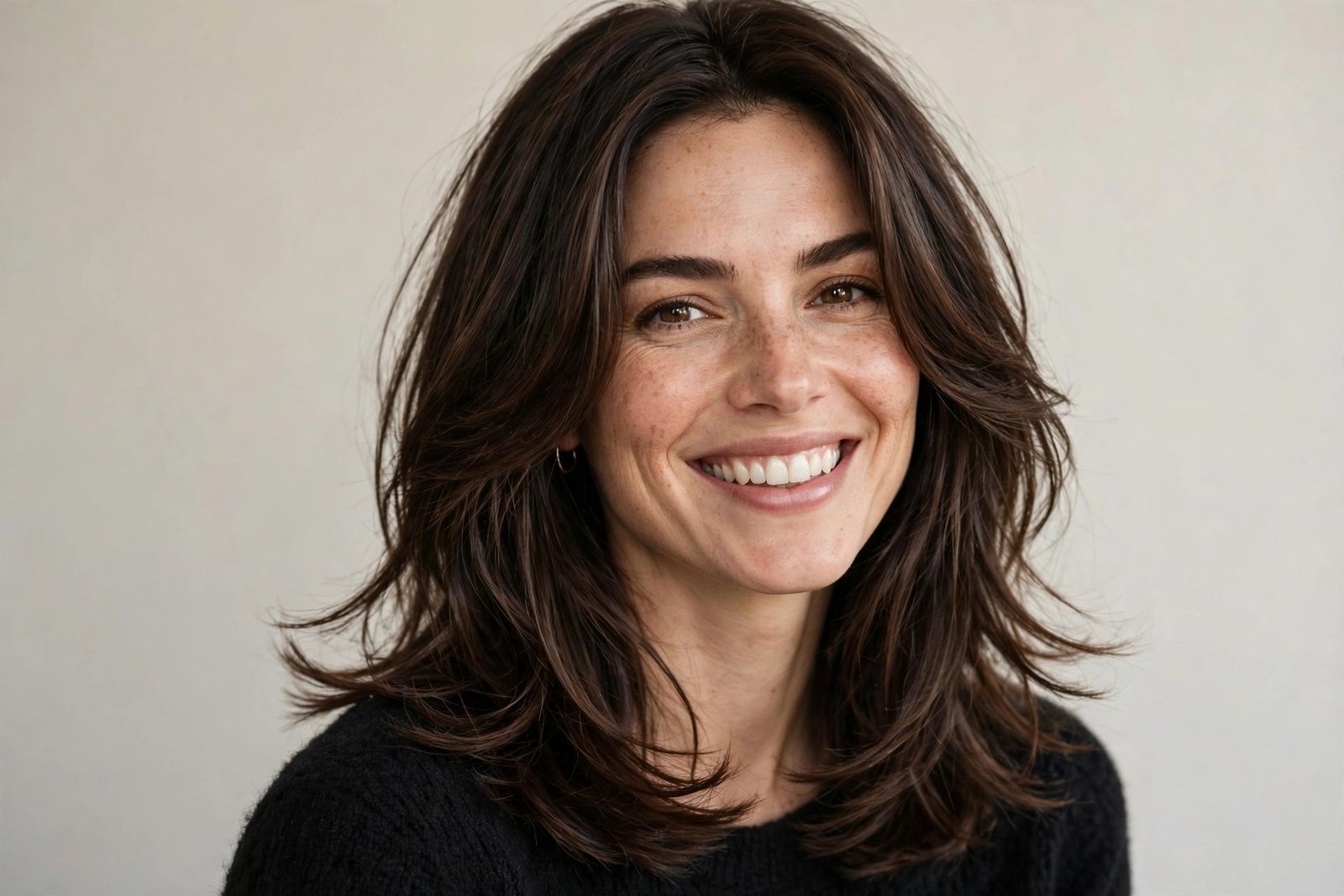 Smiling woman with long layered bob, brunette hair with soft layers, editorial hair photography
