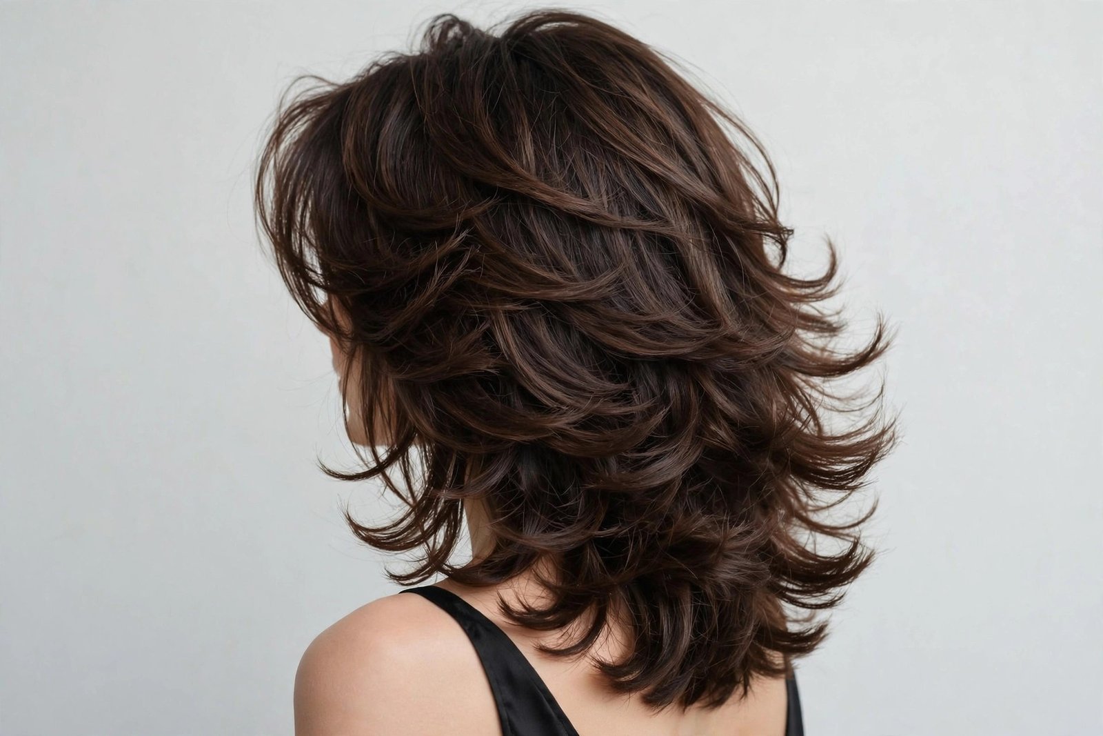 Woman with freshly styled voluminous long layered bob, three-quarter view showing layered movement, editorial hair photography