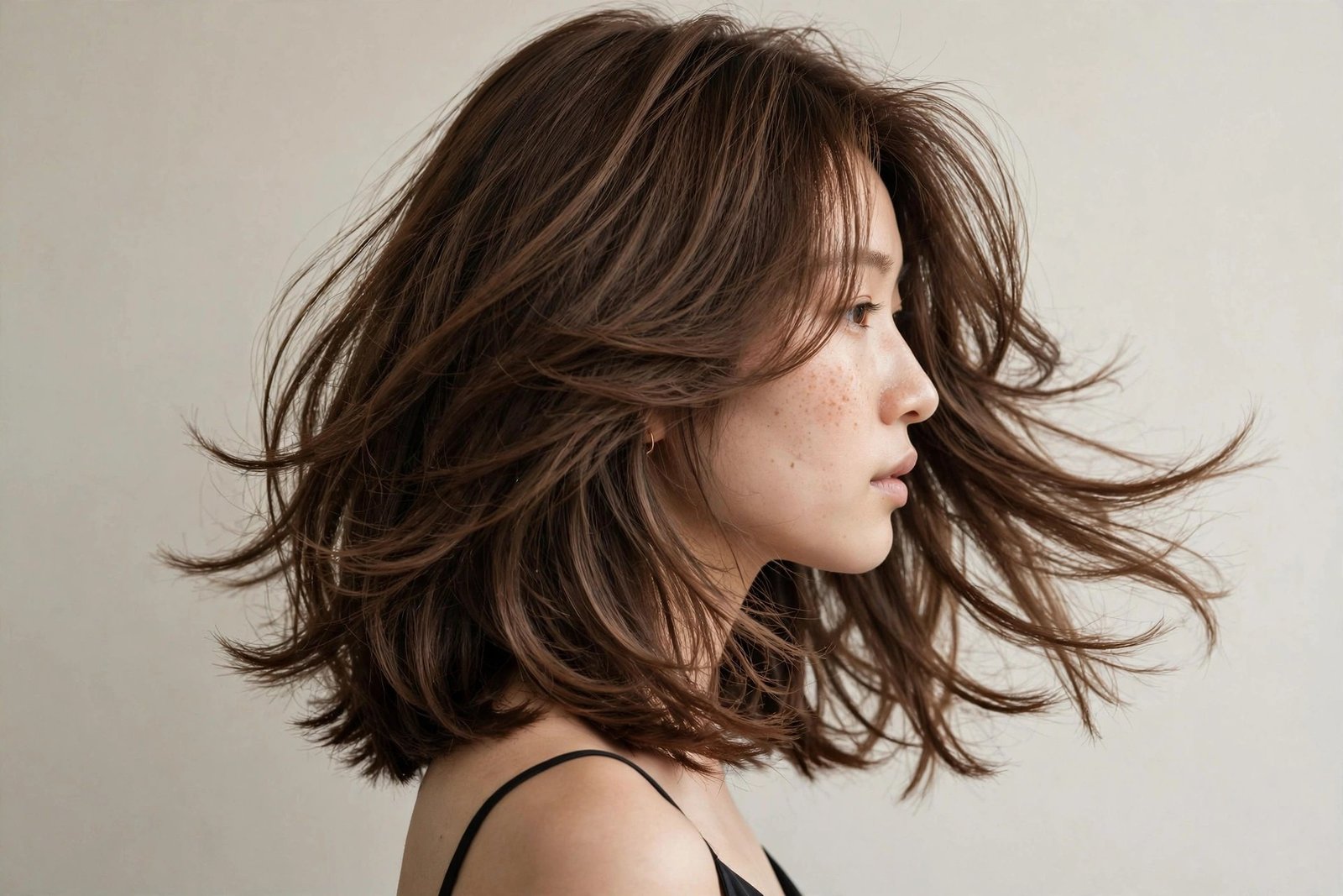 Collage-style overview of long layered bob variations in different colors and textures, editorial hair photography