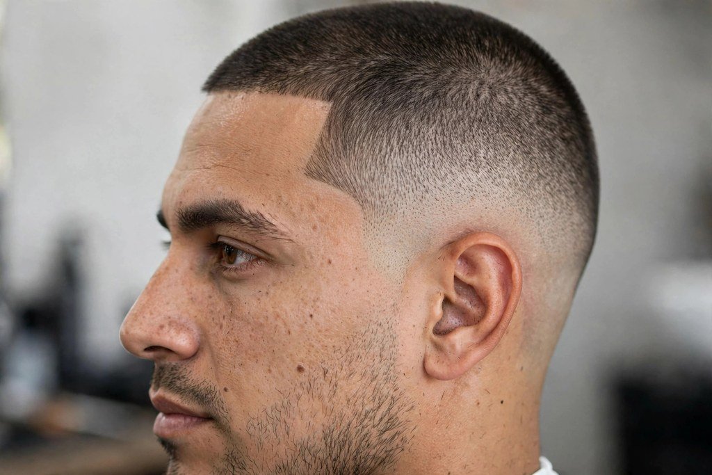 Buzz cut with line up and burst fade