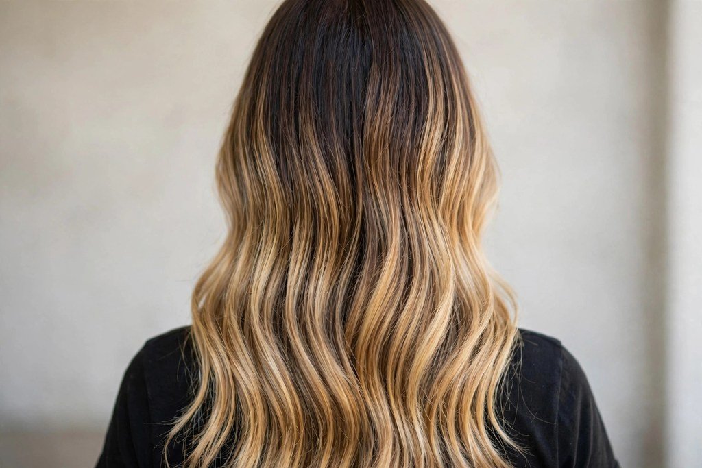 Honey blonde balayage melting from a dark brunette base