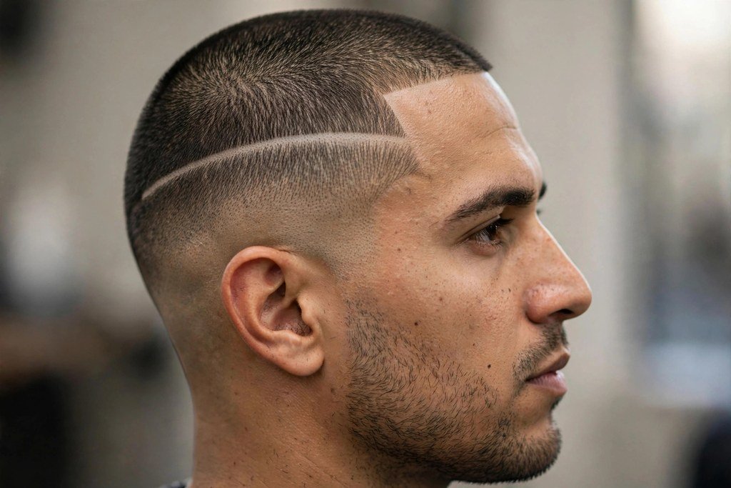 Buzz cut with hard part line up