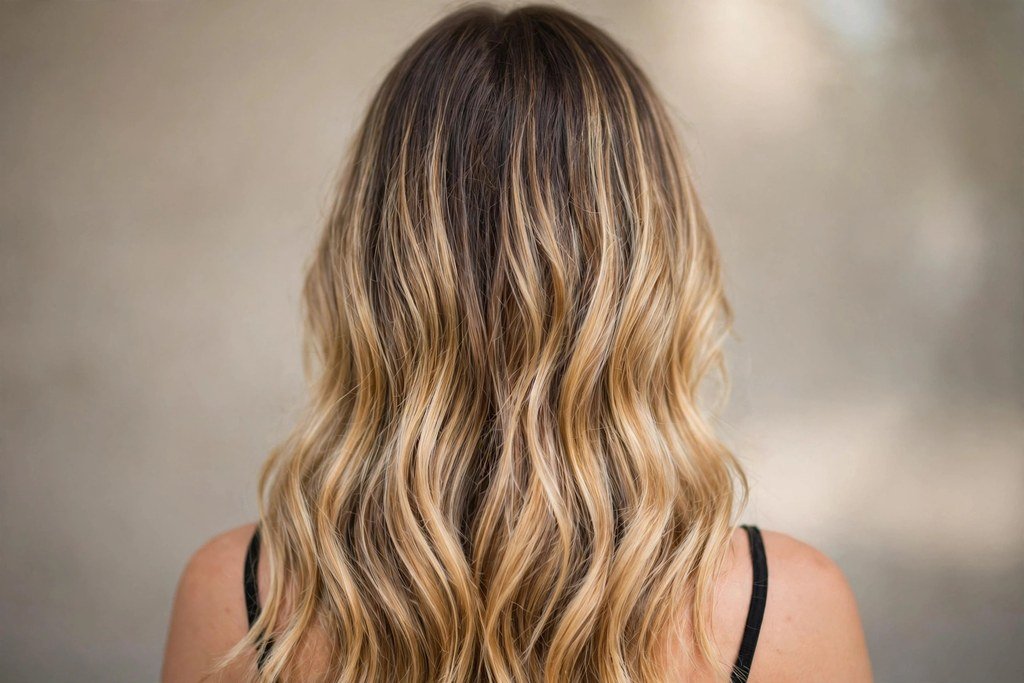 Honey blonde balayage with soft root smudge blend