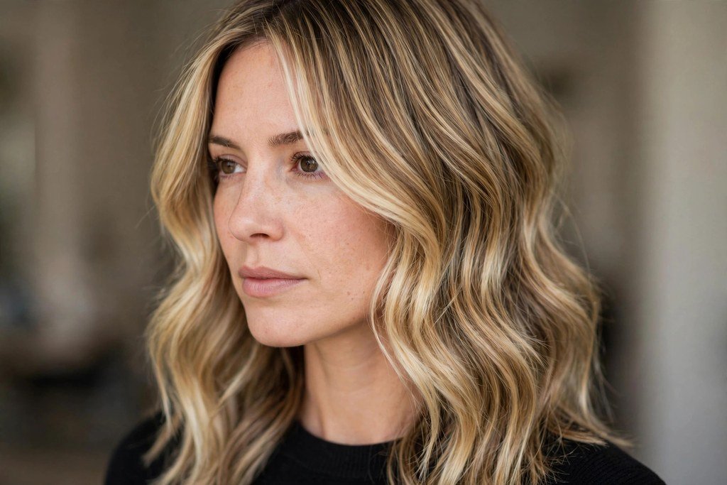 Face-framing honey blonde balayage layers