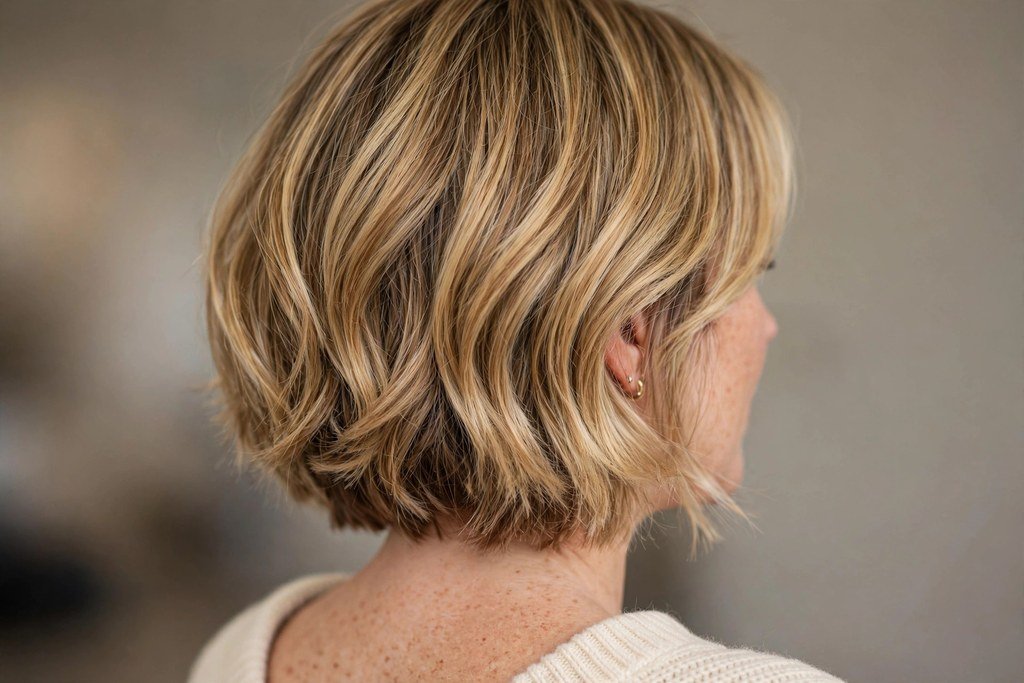 Honey blonde balayage on a short bob haircut