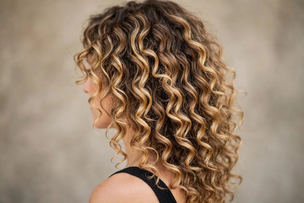 Honey blonde balayage on curly hair