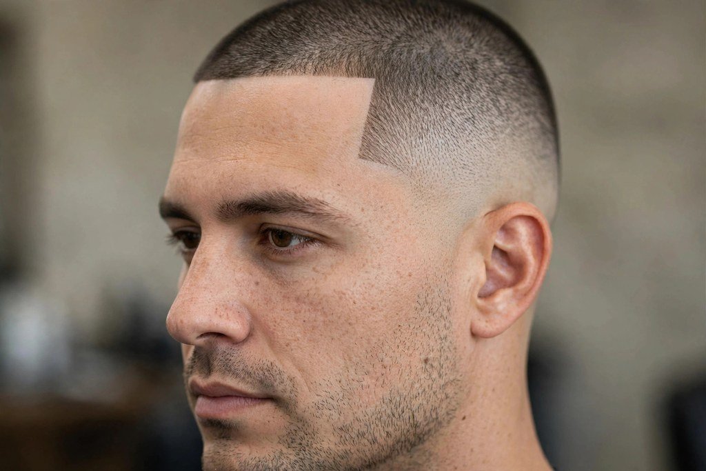 Buzz cut with line up and temple fade