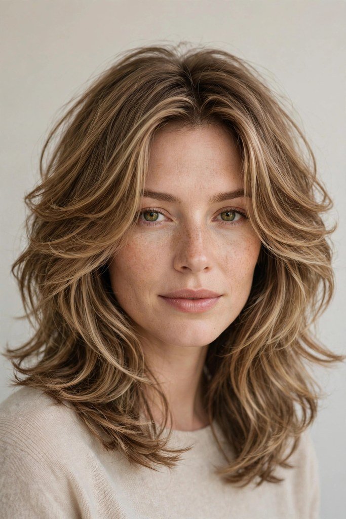 Woman with layered lob haircut and face-framing pieces
