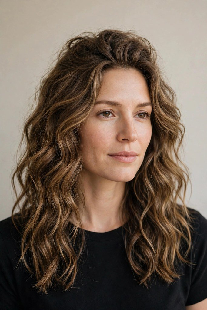 Woman with soft wavy medium hair and curtain bangs