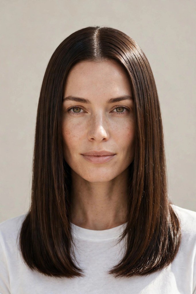 Woman with sleek straight medium hairstyle