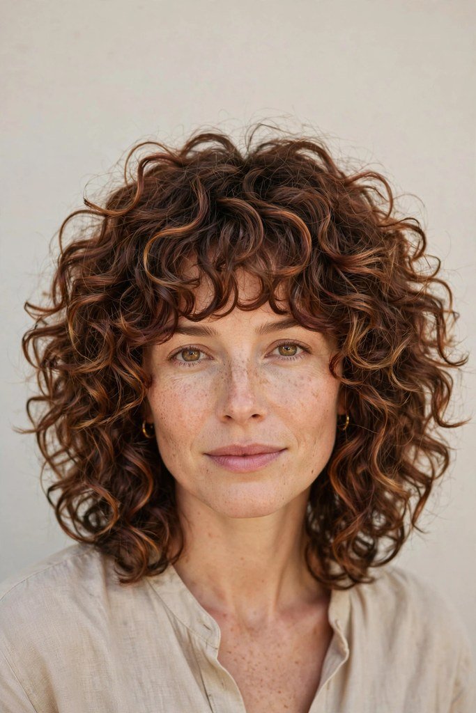 Woman with curly medium shag hairstyle