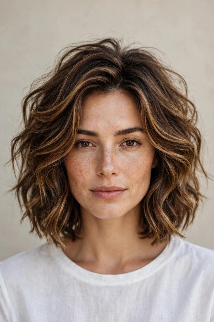 Woman with medium length hair and side-swept bangs