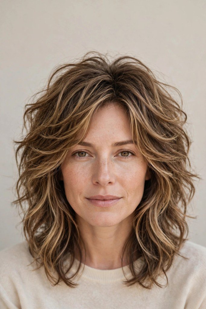 Woman with voluminous bob-lob hybrid haircut