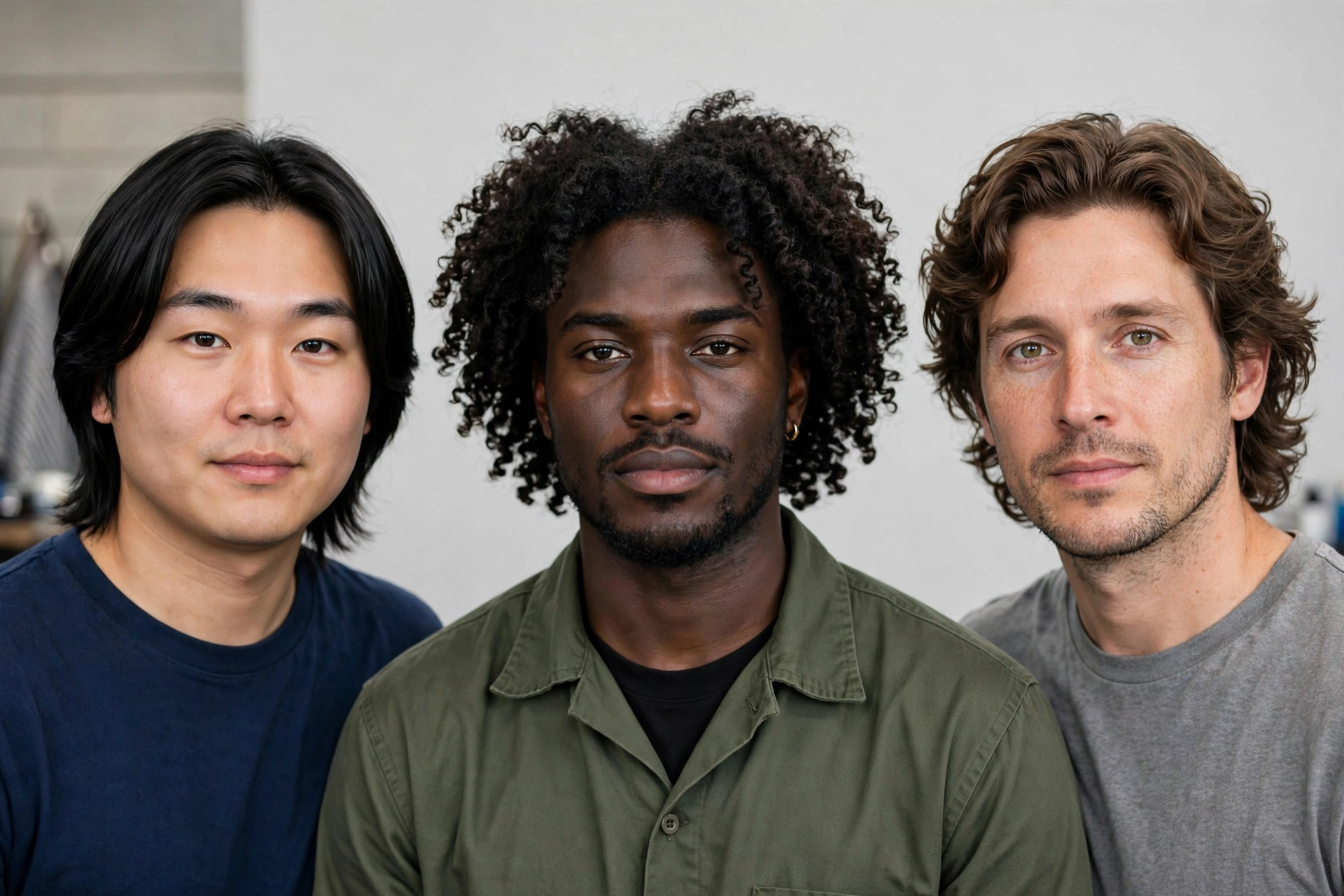 Three diverse men with different lob hairstyles showing face shape variety, barbershop portrait photography