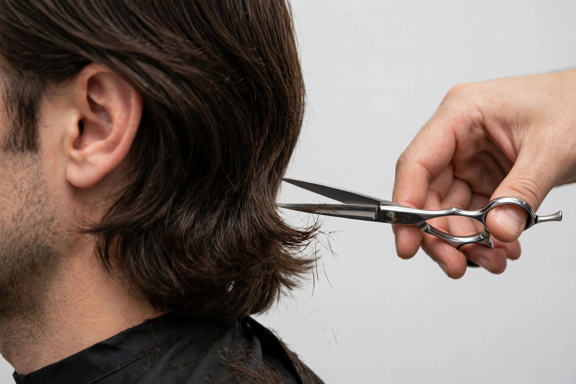 Barber trimming the ends of a man's lob haircut, close-up of scissors work, salon photography