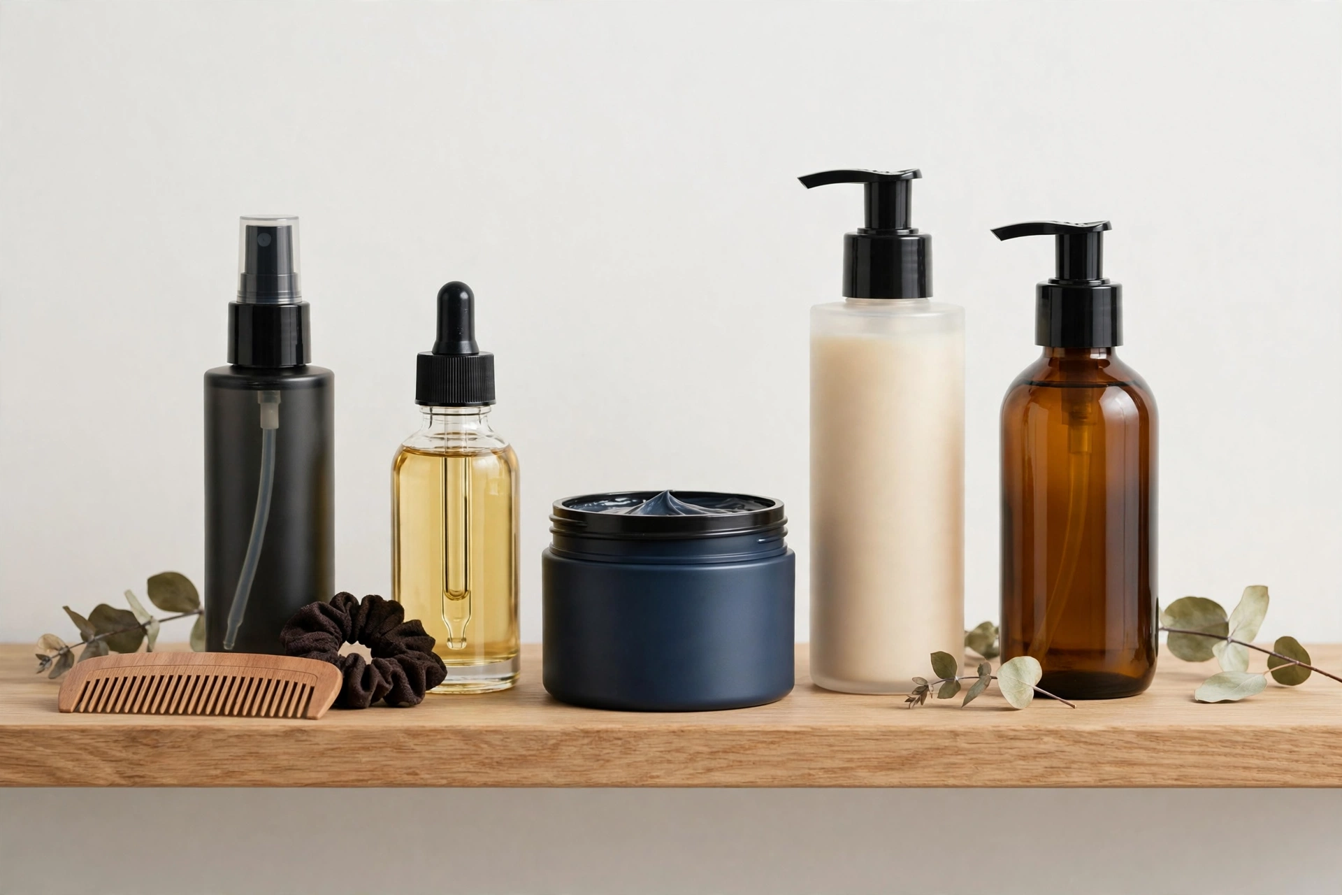 Men's hair styling products for long hair arranged on a shelf, product photography