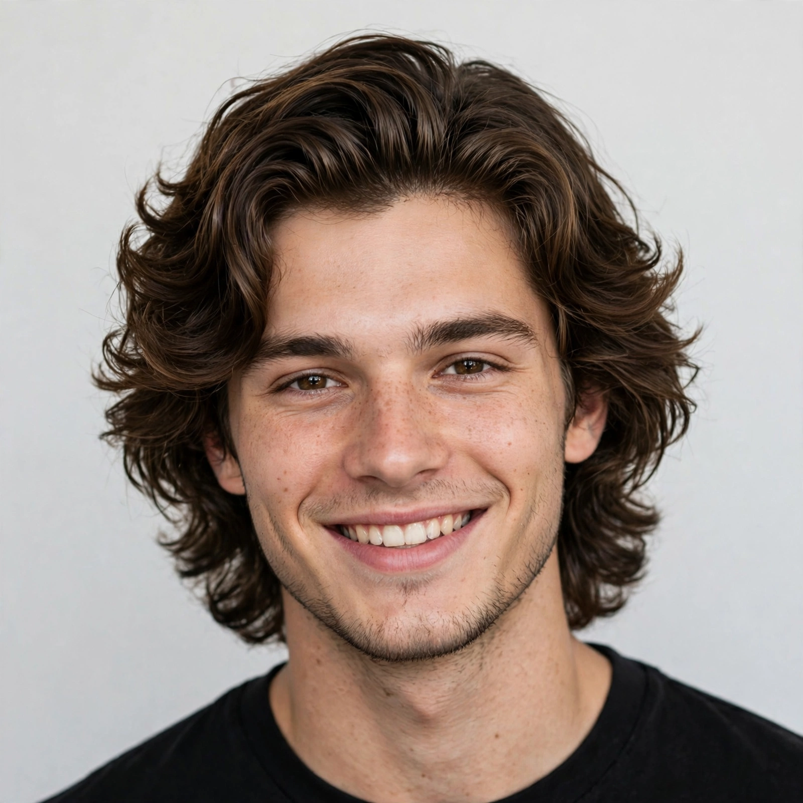 Young man with a wavy lob smiling at camera, FAQ-style portrait, premium men's hairstyle photography